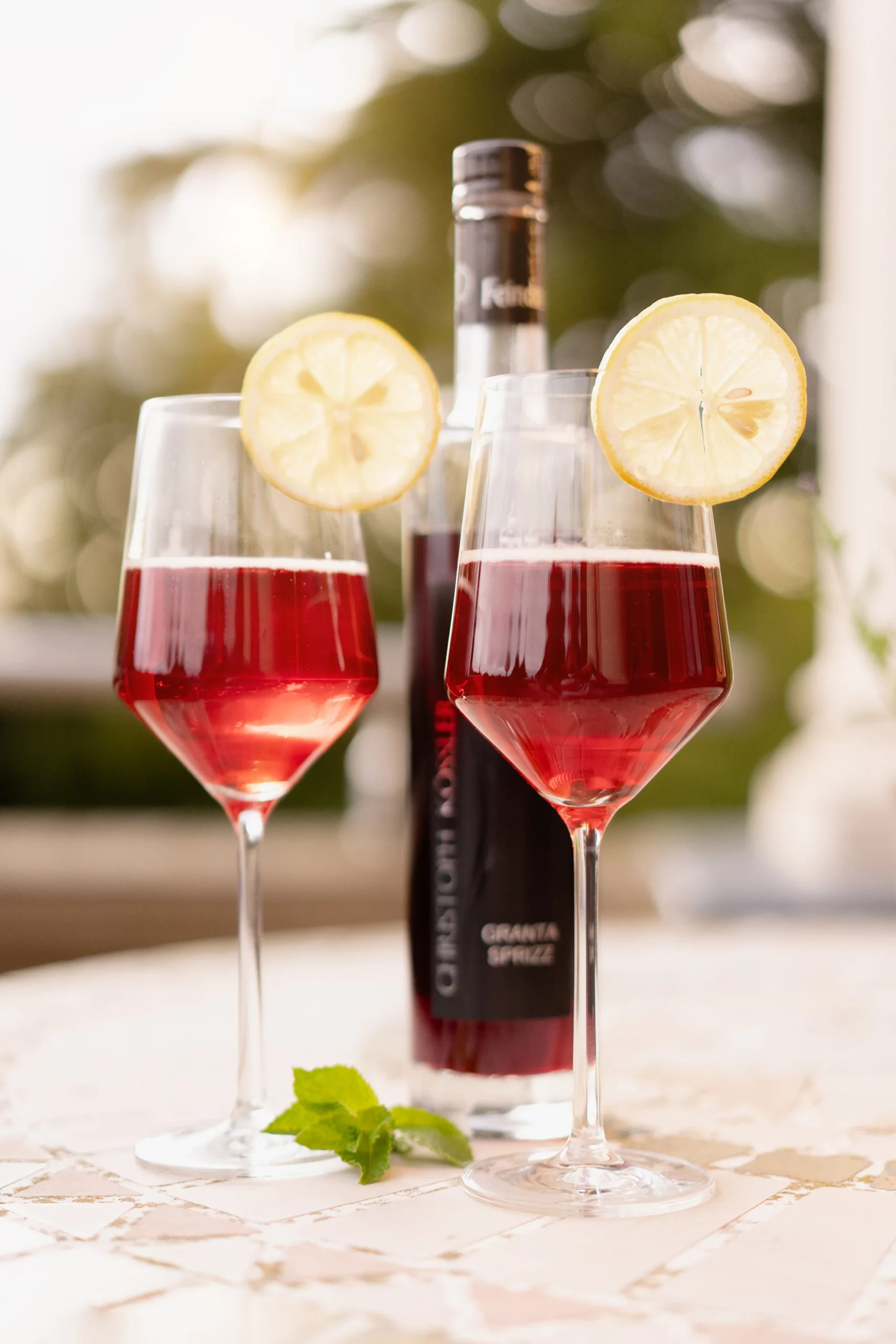 Zwei Gläser Rotwein mit Zitrusscheiben neben einer Flasche, Produktfoto für Tiroler Delikatessen