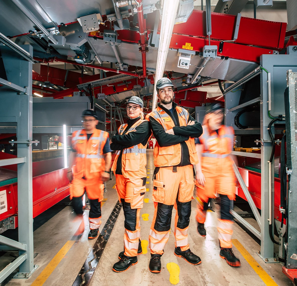 Vier Mitarbeitende in orangefarbener Warnkleidung im Logistikzentrum