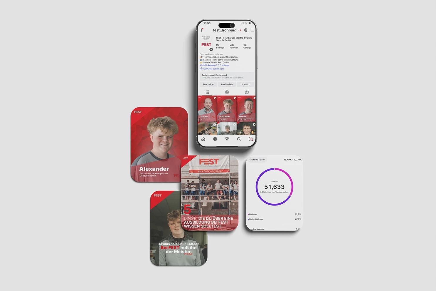 Gestaltete Social-Media-Beiträge und Smartphone als Mockup