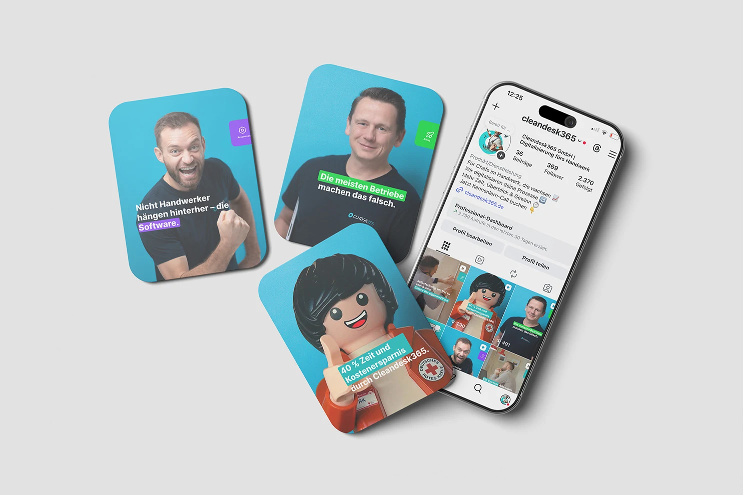 Social-Media-Beiträge mit Mitarbeiterporträts und Smartphone als Mockup